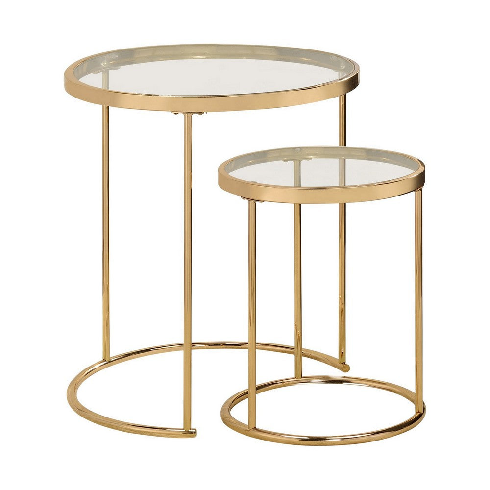 23 Inch Round Nesting Tables, Glass, Metal Base, Set of 2, Gold, Clear - BM282033