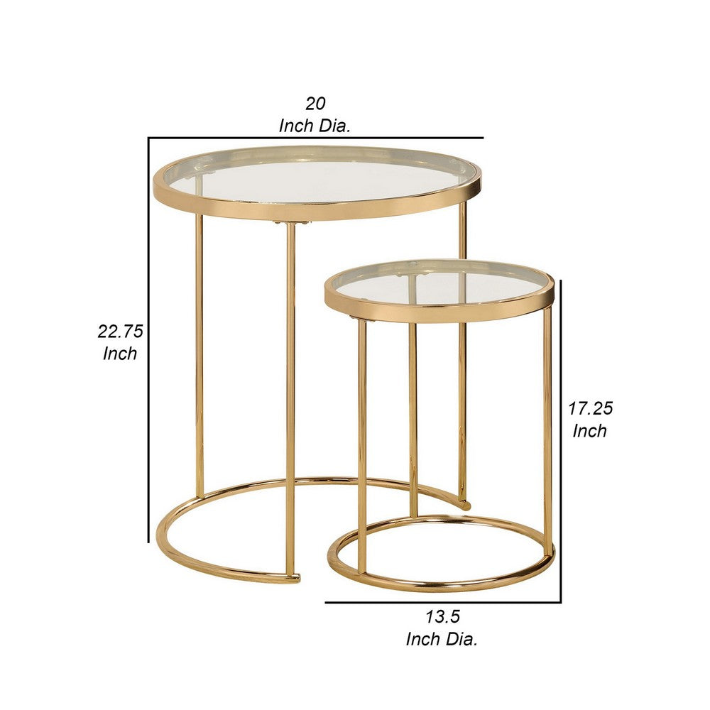 23 Inch Round Nesting Tables, Glass, Metal Base, Set of 2, Gold, Clear - BM282033