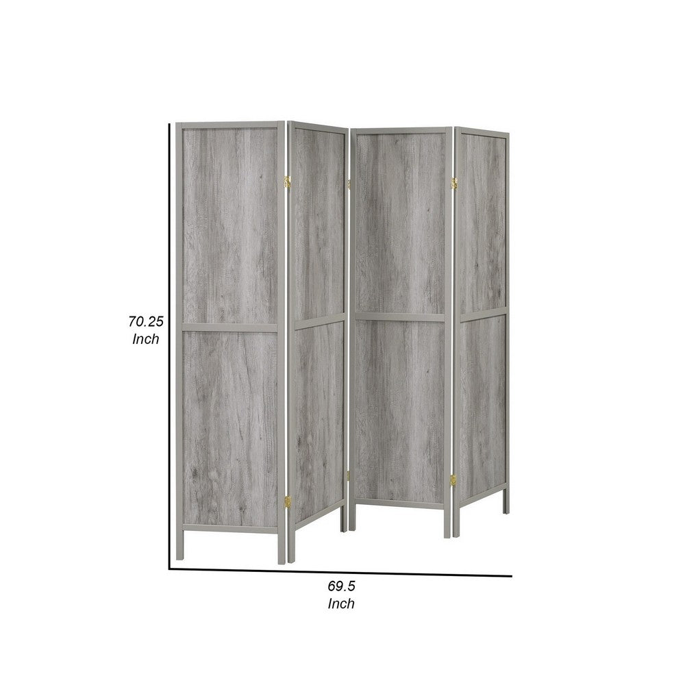 70 Inch Modern 4 Panel Folding Screen Room Divider, Rustic Gray Wood Finish - BM282035