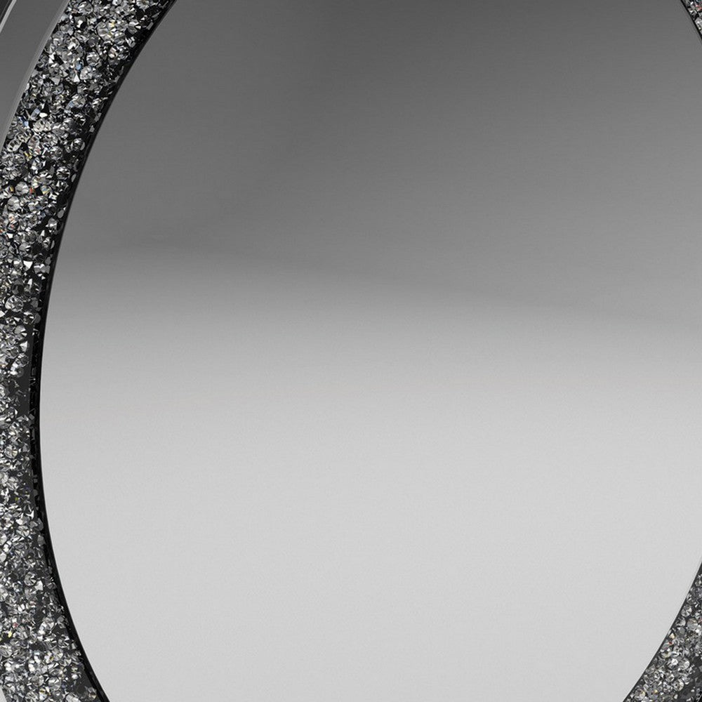 Theo 32 Inch Modern Vanity Wall Mirror, Round, Crystal Frame, Glass, Silver - BM282037