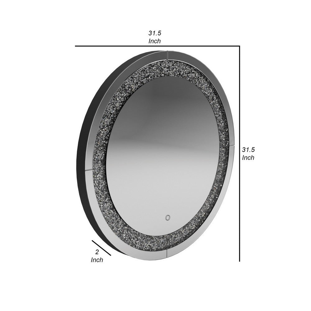 Theo 32 Inch Modern Vanity Wall Mirror, Round, Crystal Frame, Glass, Silver - BM282037
