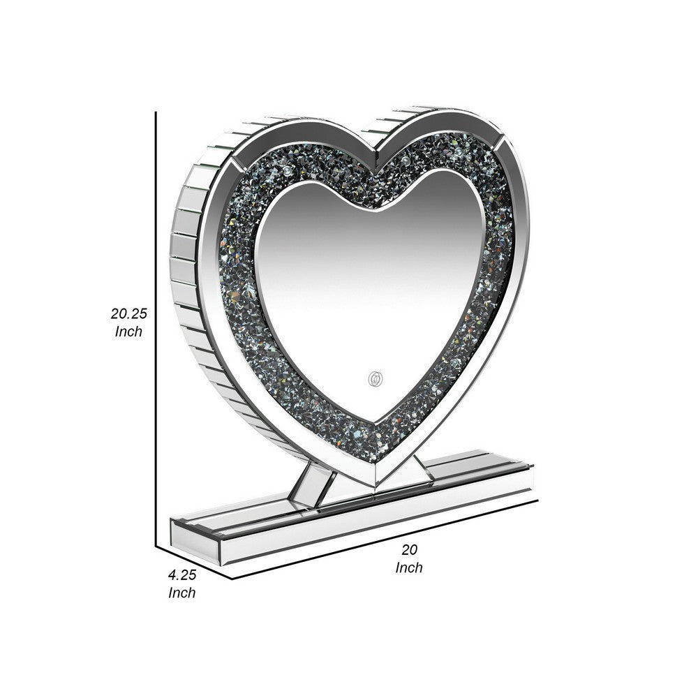 Theo 20 Inch Modern Vanity Table Mirror, Heart, Crystal Trim, Glass, Silver - BM282039