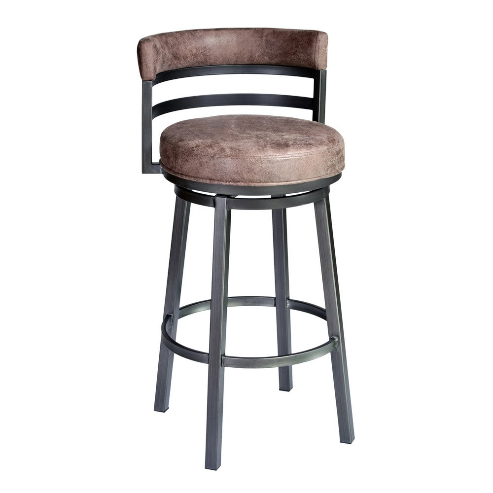 Eva 26 Inch Swivel Counter Stool, Vegan Leather, Curved Back, Washed Brown - BM282062