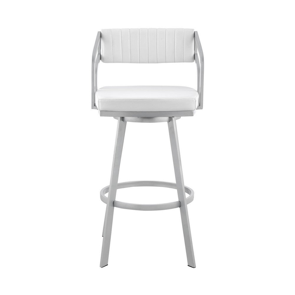 Blake 26 Inch Swivel Counter Stool, Open Back, Silver, White Faux Leather - BM282093