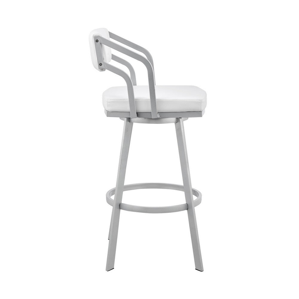 Blake 26 Inch Swivel Counter Stool, Open Back, Silver, White Faux Leather - BM282093