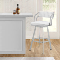 Blake 26 Inch Swivel Counter Stool, Open Back, Silver, White Faux Leather - BM282093