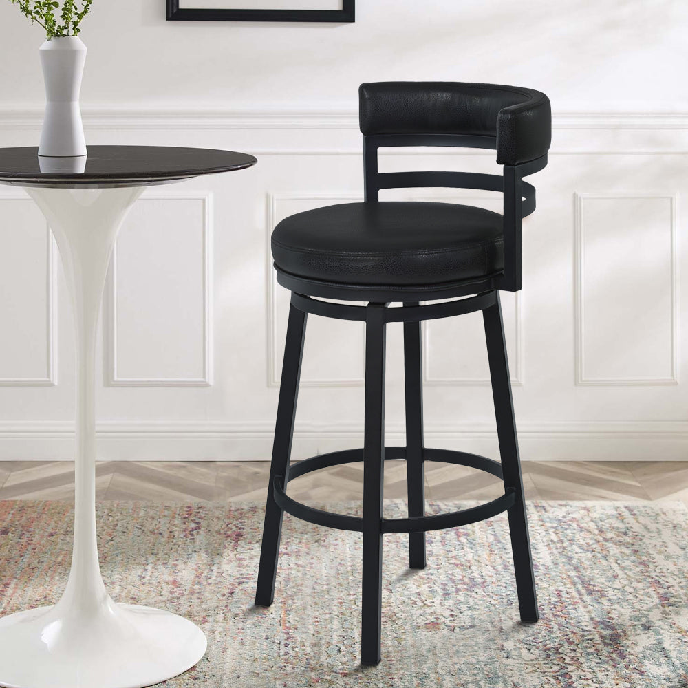 Eva 30 Inch Swivel Bar Stool Chair, Vegan Faux Leather, Curved Back, Black - BM282105