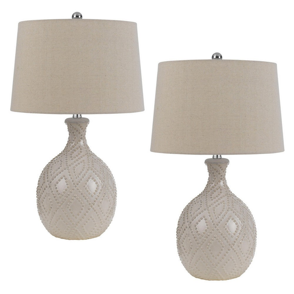 27 Inch Table Lamp Set of 2, Ceramic Base, Hardback Fabric Shade, Ivory - BM282154