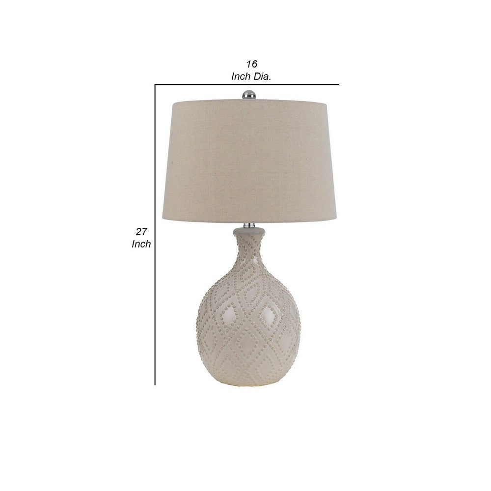 27 Inch Table Lamp Set of 2, Ceramic Base, Hardback Fabric Shade, Ivory - BM282154