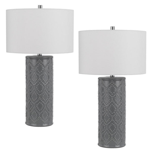 29 Inch Accent Table Lamp Set of 2, Tall Cylinder, Ball Finial Accent, Gray - BM282155