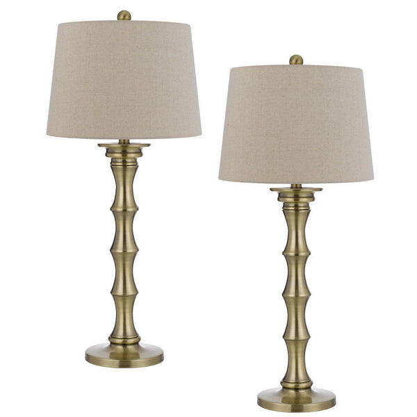 Noah 32 Inch Accent Table Lamp Set of 2, Turned Pedestal, Antique Brass - BM282156