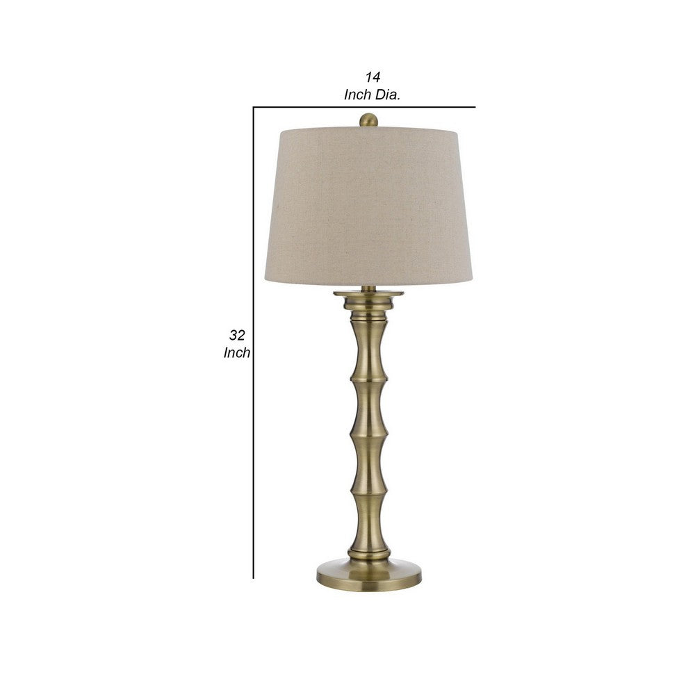 Noah 32 Inch Accent Table Lamp Set of 2, Turned Pedestal, Antique Brass - BM282156