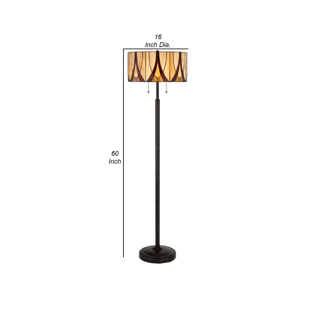 Eli 60 Inch Tiffany Style Floor Lamp, Glass Shade, Metal Base, Antique Bronze - BM282166