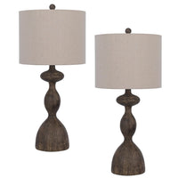 30 Inch 2 Table Lamps, Resin Accent, Turned Base, Rustic Wood Brown, Beige - BM282180