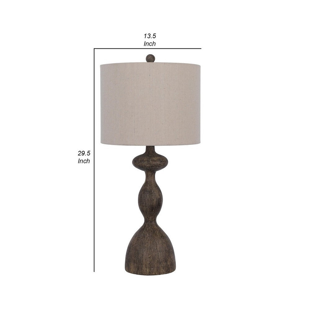 30 Inch 2 Table Lamps, Resin Accent, Turned Base, Rustic Wood Brown, Beige - BM282180