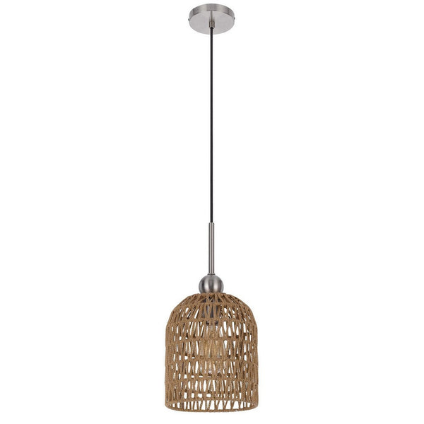 8 Inch Dia. Pendant Ceiling Light Fixture, Rope Woven Shade, Brown, Chrome - BM282186