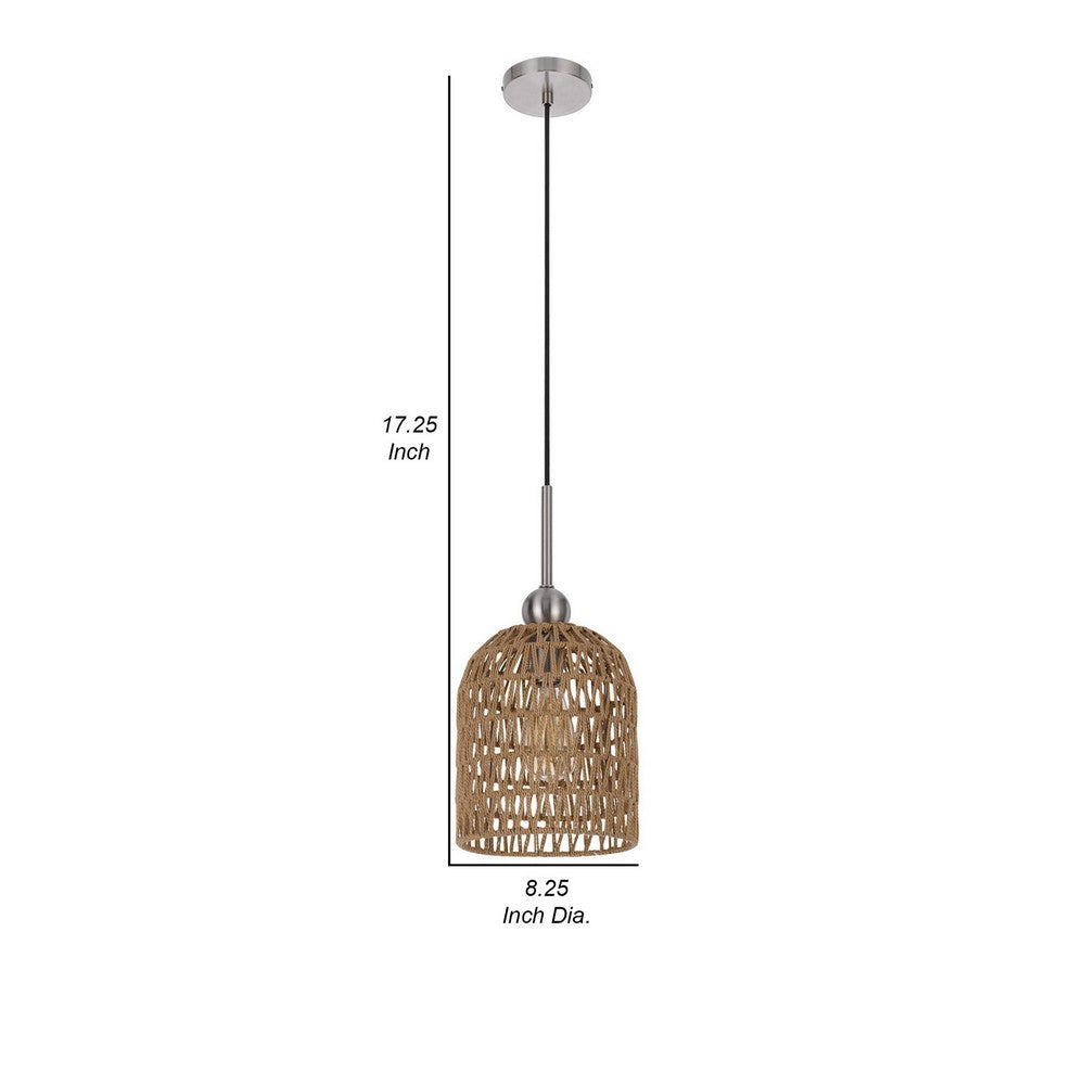 8 Inch Dia. Pendant Ceiling Light Fixture, Rope Woven Shade, Brown, Chrome - BM282186