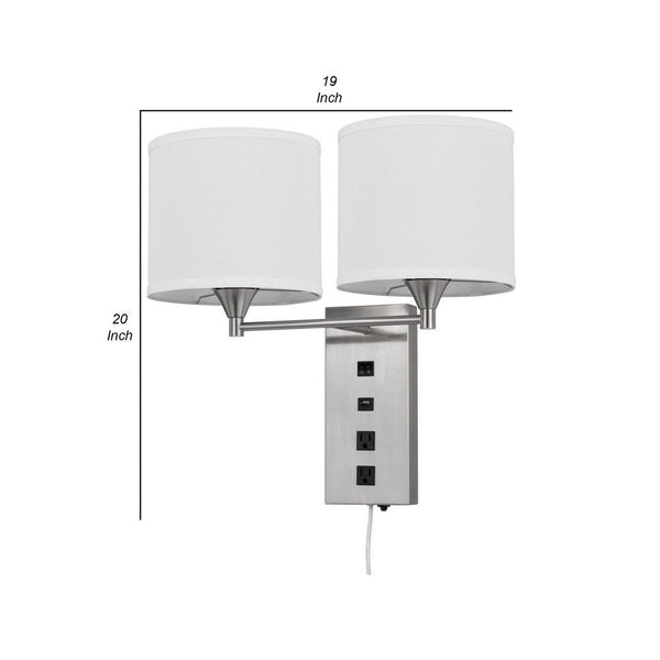 Rexi Modern Metal Wall Lamp, 2 Shades, USB, 2 Power Outlets, White, Silver - BM282624