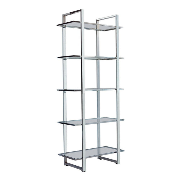 79 Inch Bookcase, Metal Frame, Tempered Glass Shelves, Polished, Silver - BM282971