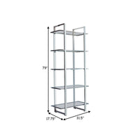 79 Inch Bookcase, Metal Frame, Tempered Glass Shelves, Polished, Silver - BM282971