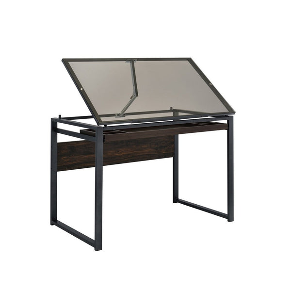 44 Inch Drafting Desk, Adjustable Smoked Glass Top, Shelving Tray, Brown - BM282972