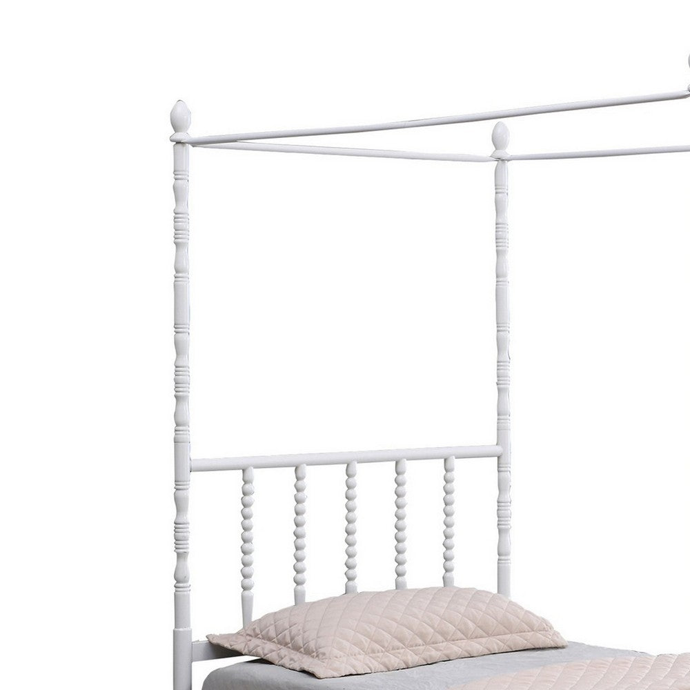 Modern Metal Twin Size Canopy Bed, Spindled Turned Posts, Classic White - BM283037