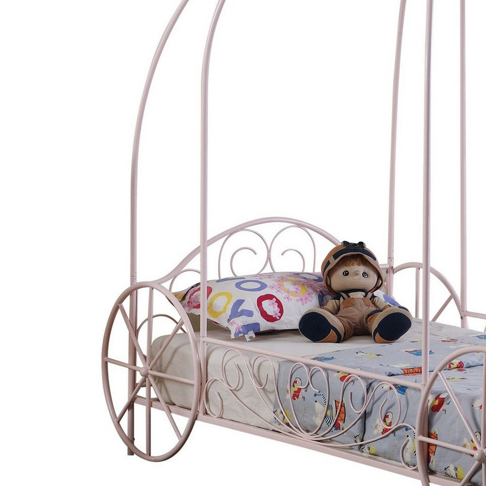 Modern Twin Size Canopy Bed, Princess Carriage Design, Powder Pink - BM283038