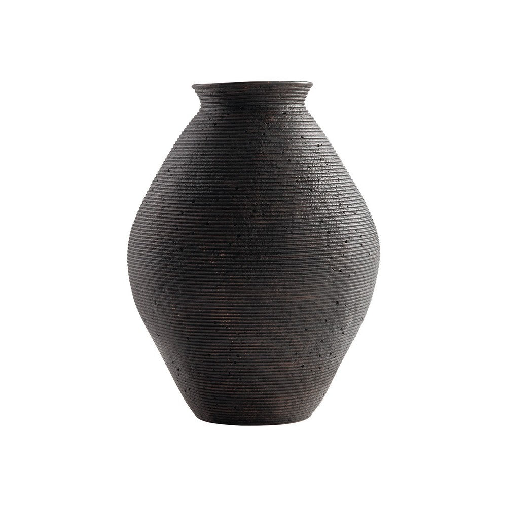 Dale 17 Inch Round Polyresin Vase, Tightly Ribbed Texture, Antique Brown - BM283063