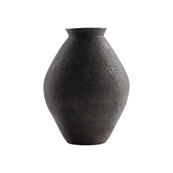 Dale 17 Inch Round Polyresin Vase, Tightly Ribbed Texture, Antique Brown - BM283063