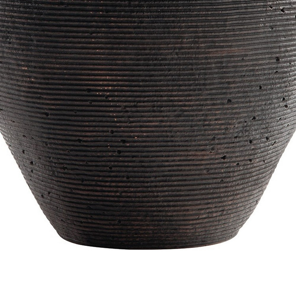 Dale 17 Inch Round Polyresin Vase, Tightly Ribbed Texture, Antique Brown - BM283063