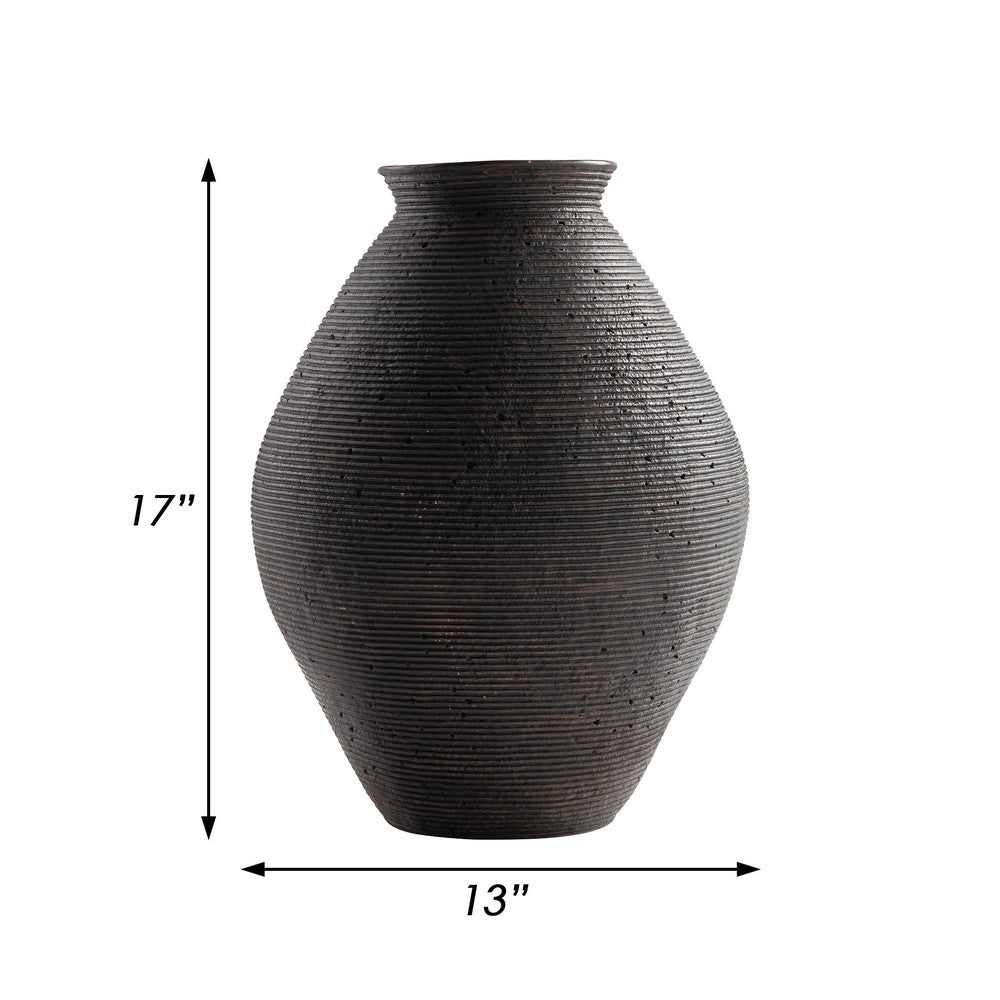 Dale 17 Inch Round Polyresin Vase, Tightly Ribbed Texture, Antique Brown - BM283063