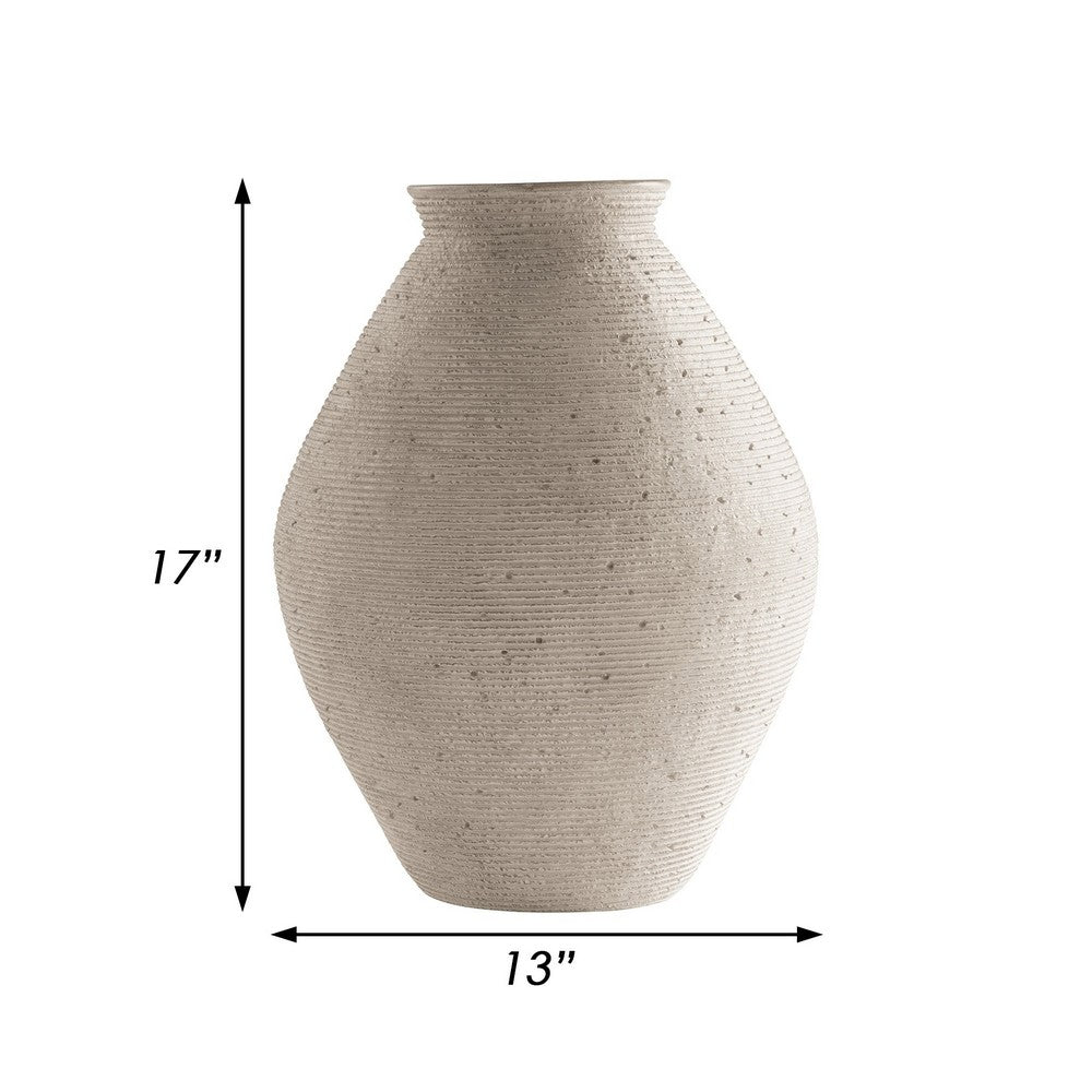 Dale 17 Inch Round Polyresin Vase, Tightly Ribbed Texture, Antique Beige - BM283065