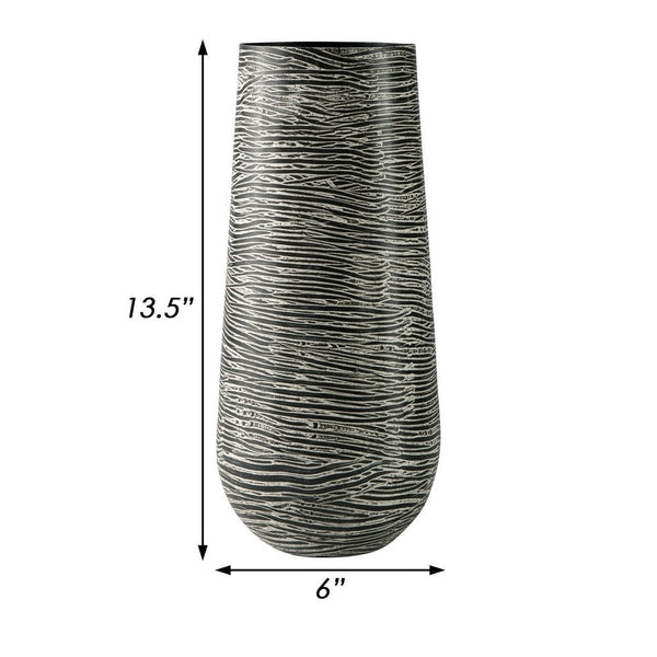 Fin 14 Inch Cylindrical Metal Vase, Irregular Lined Design, Black, White - BM283066