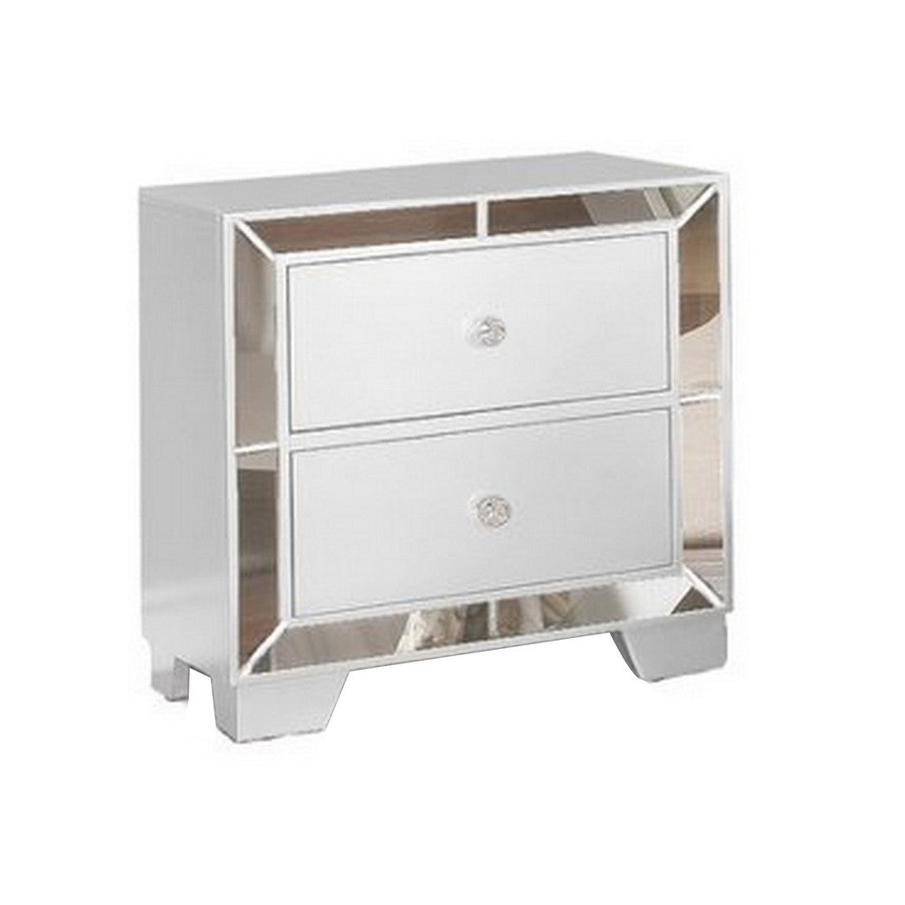 Eli 23 Inch Modern Wood Nightstand, 2 Drawers, Mirrored Edges, Clean White - BM283145