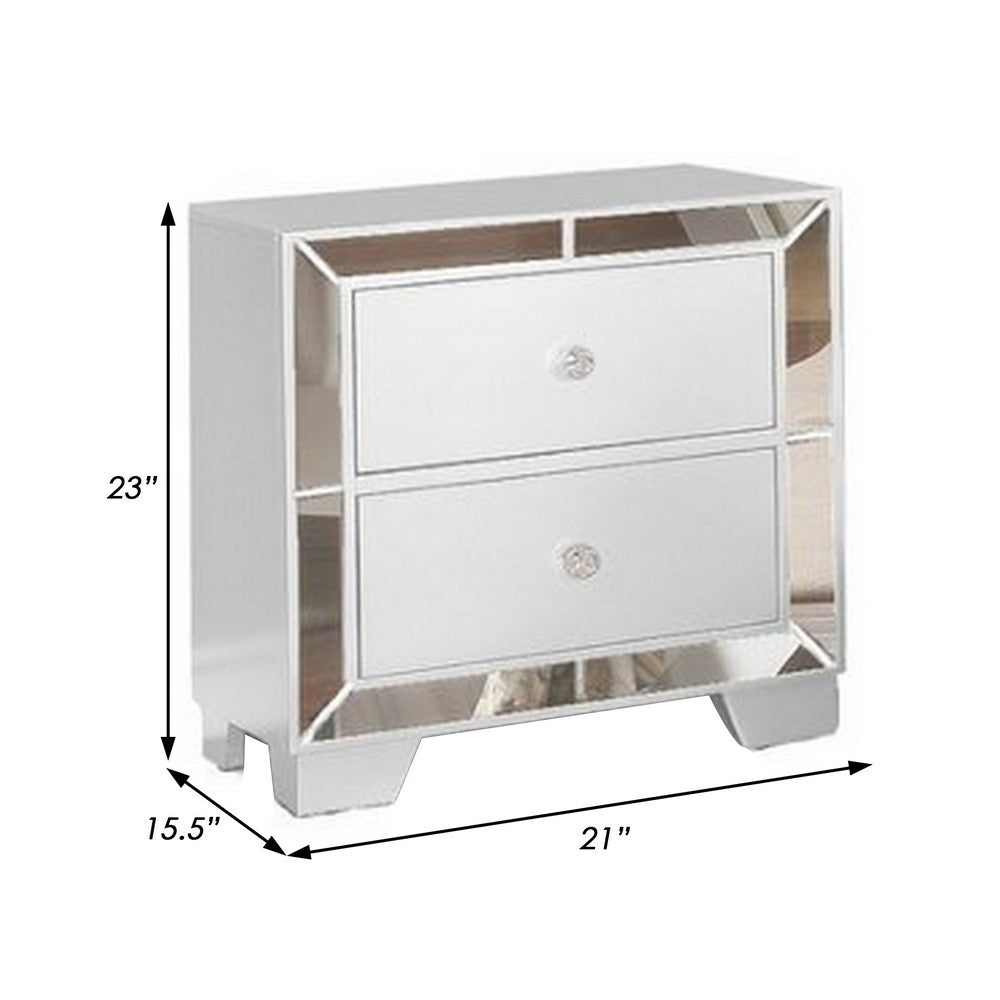 Eli 23 Inch Modern Wood Nightstand, 2 Drawers, Mirrored Edges, Clean White - BM283145