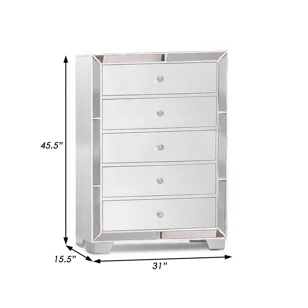 Eli 46 Inch Modern Wood Tall Dresser Chest, 5 Drawers, Mirrored, White - BM283147