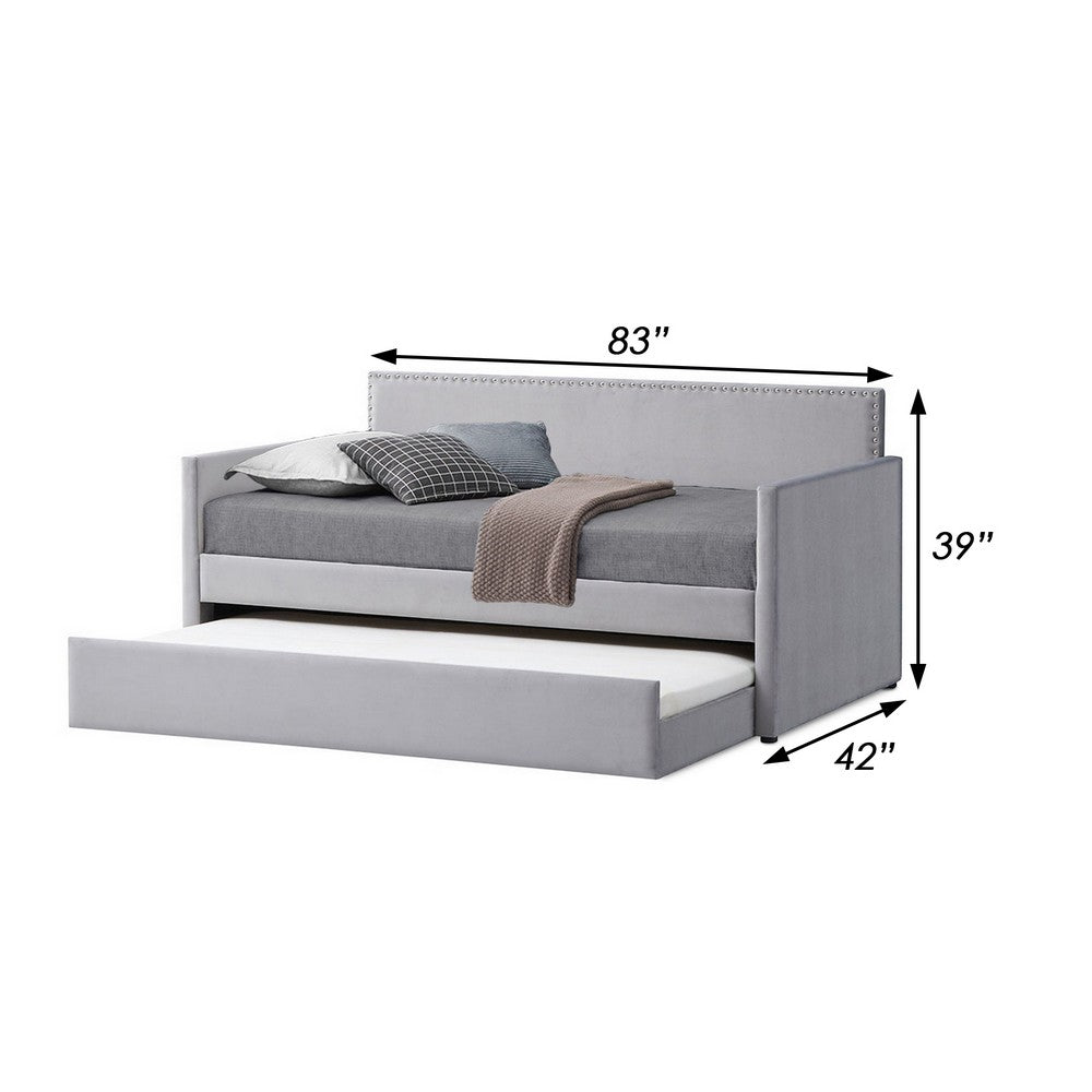 Modern Twin Daybed with Trundle, Nailhead Trim Backing, Soft Gray Velvet - BM283162