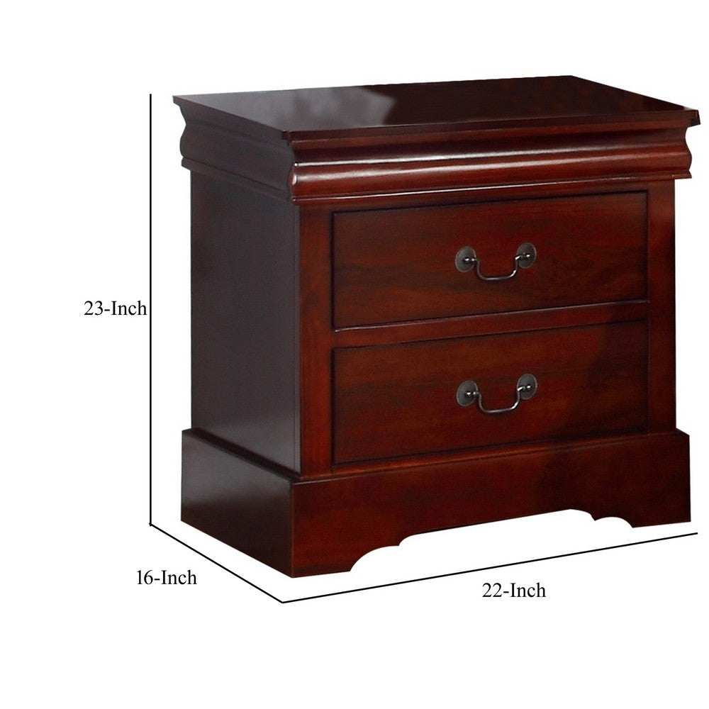 Liam 23 Inch 2 Drawer Wood Nightstand, Antique Drop Handles, Cherry Brown - BM283192