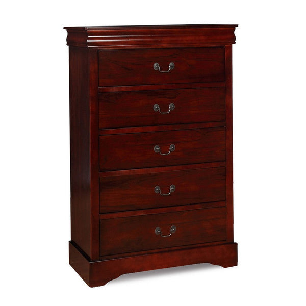 Liam 48 Inch 5 Drawer Wood Tall Dresser Chest, Molded Trim, Cherry Brown - BM283194