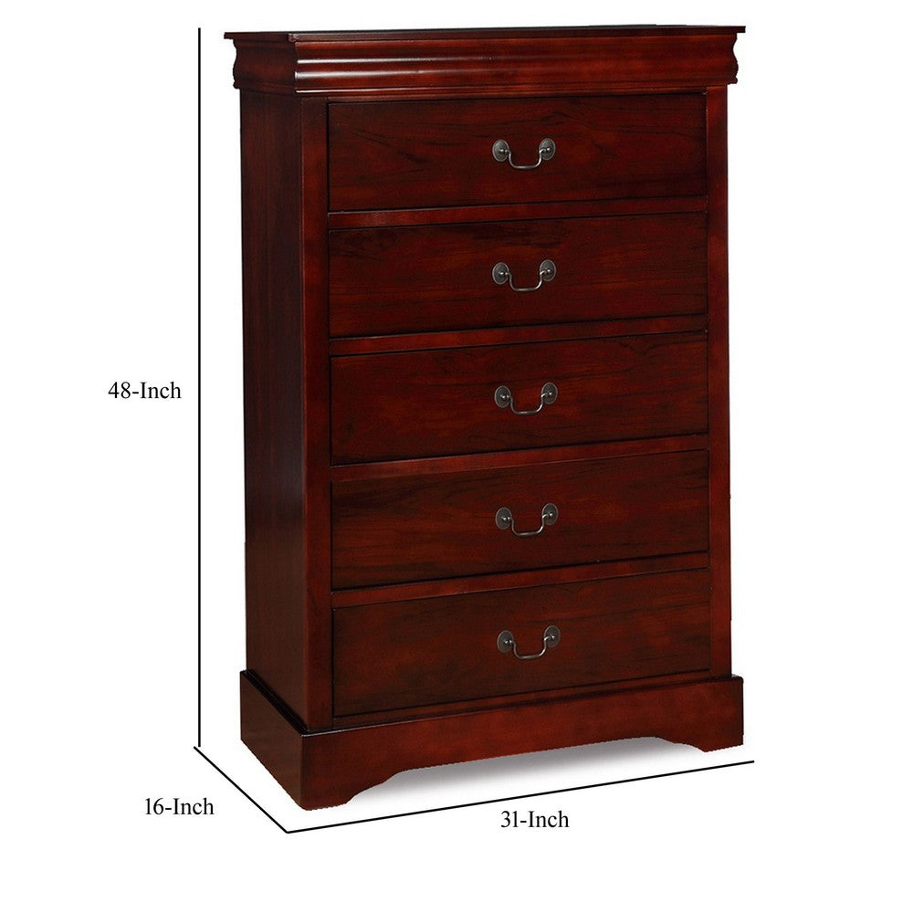 Liam 48 Inch 5 Drawer Wood Tall Dresser Chest, Molded Trim, Cherry Brown - BM283194