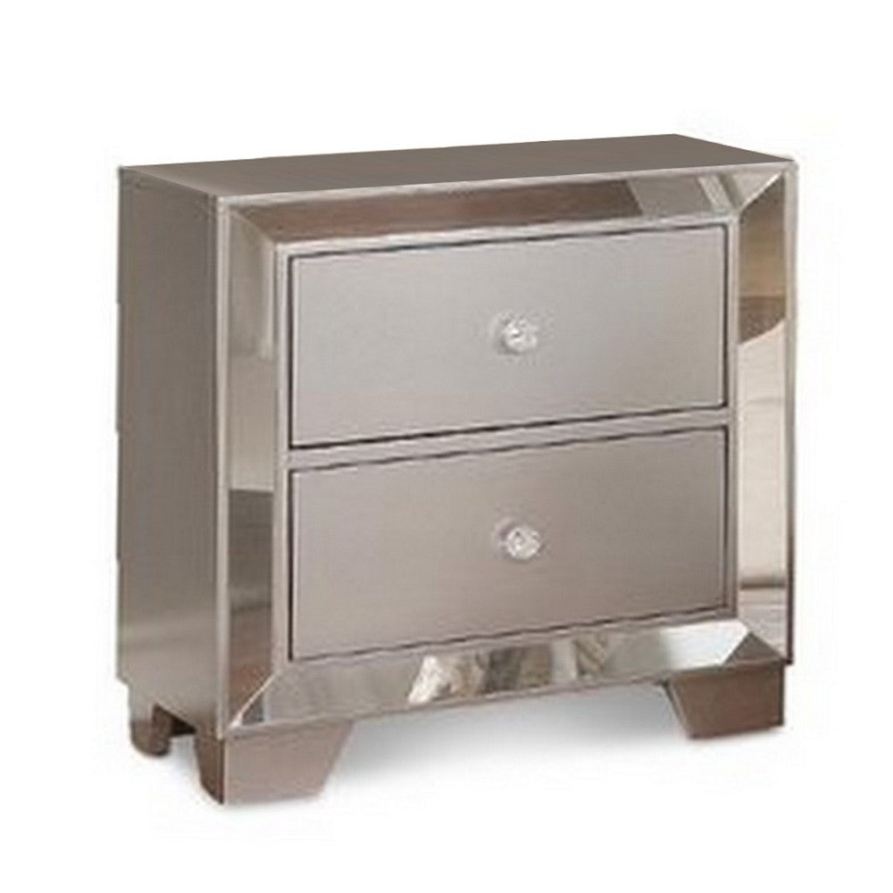 Eli 23 Inch Deluxe 2 Drawer Nightstand, Mirrored Trim, Wood Frame, Silver - BM283195