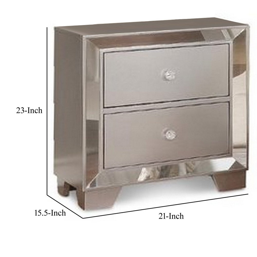 Eli 23 Inch Deluxe 2 Drawer Nightstand, Mirrored Trim, Wood Frame, Silver - BM283195