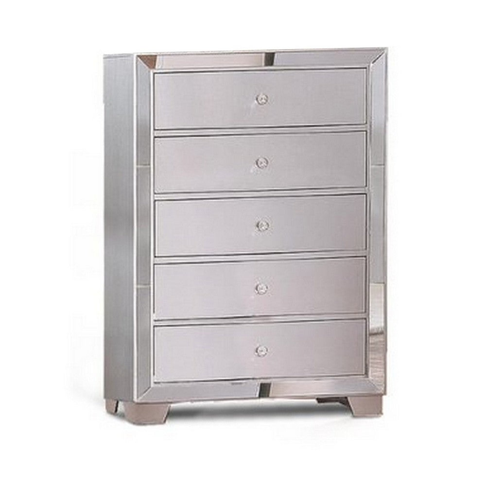 Eli 46 Inch Deluxe Wood 5 Drawer Tall Dresser Chest, Mirrored Trim, Silver - BM283197