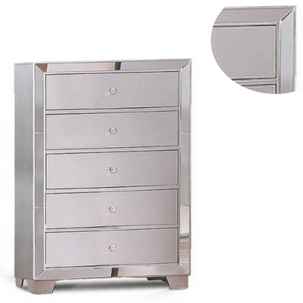 Eli 46 Inch Deluxe Wood 5 Drawer Tall Dresser Chest, Mirrored Trim, Silver - BM283197