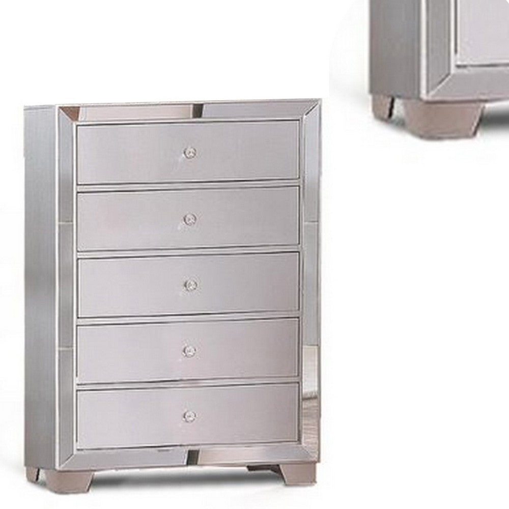 Eli 46 Inch Deluxe Wood 5 Drawer Tall Dresser Chest, Mirrored Trim, Silver - BM283197