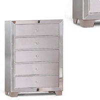 Eli 46 Inch Deluxe Wood 5 Drawer Tall Dresser Chest, Mirrored Trim, Silver - BM283197