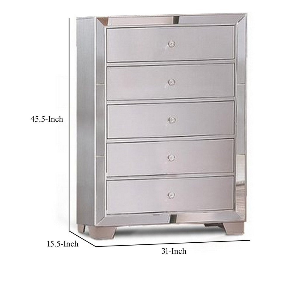 Eli 46 Inch Deluxe Wood 5 Drawer Tall Dresser Chest, Mirrored Trim, Silver - BM283197