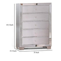 Eli 46 Inch Deluxe Wood 5 Drawer Tall Dresser Chest, Mirrored Trim, Silver - BM283197