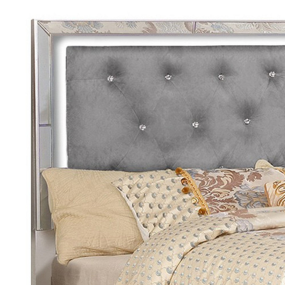 Eli Crystal Tufted Queen Bed, LED, Mirror Inlays, Wood, Gray Velvet, Silver - BM283198