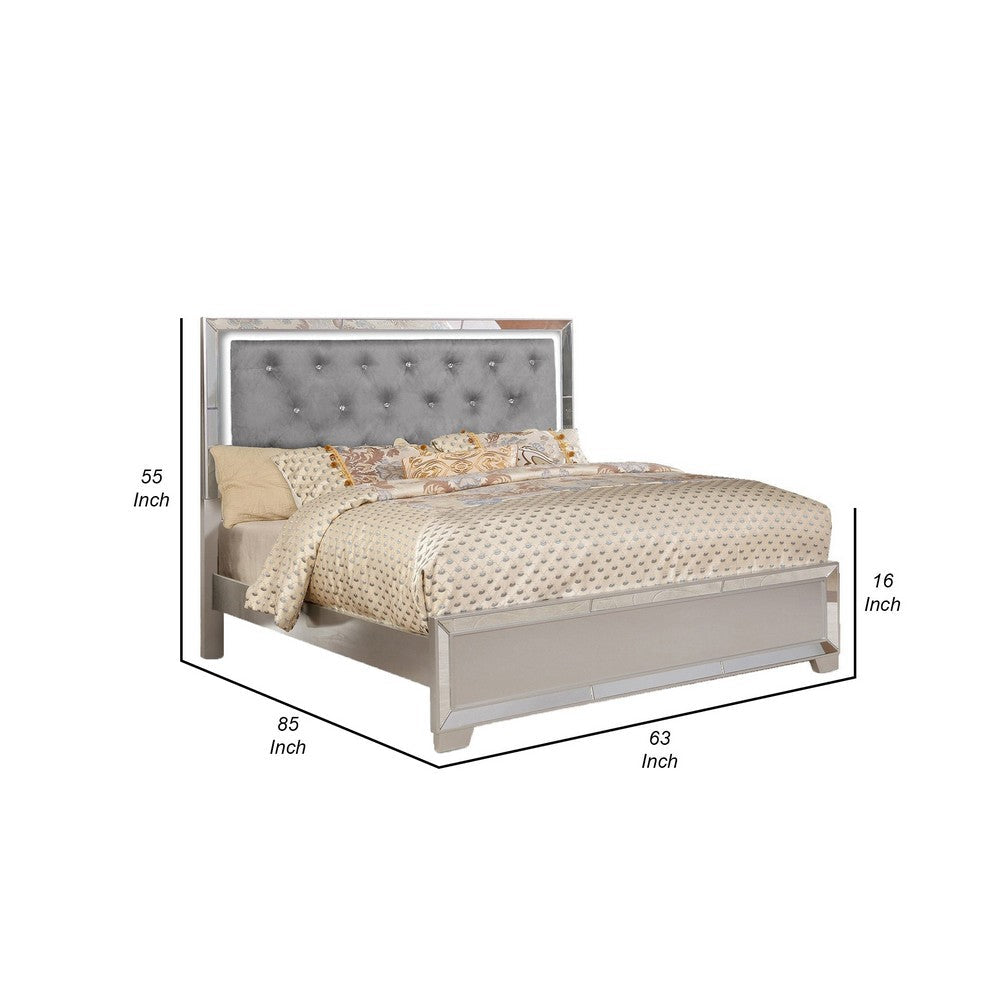 Eli Crystal Tufted Queen Bed, LED, Mirror Inlays, Wood, Gray Velvet, Silver - BM283198